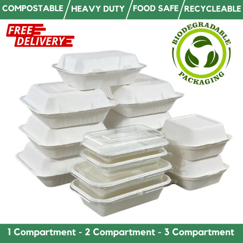 White bagasse food containers - white,